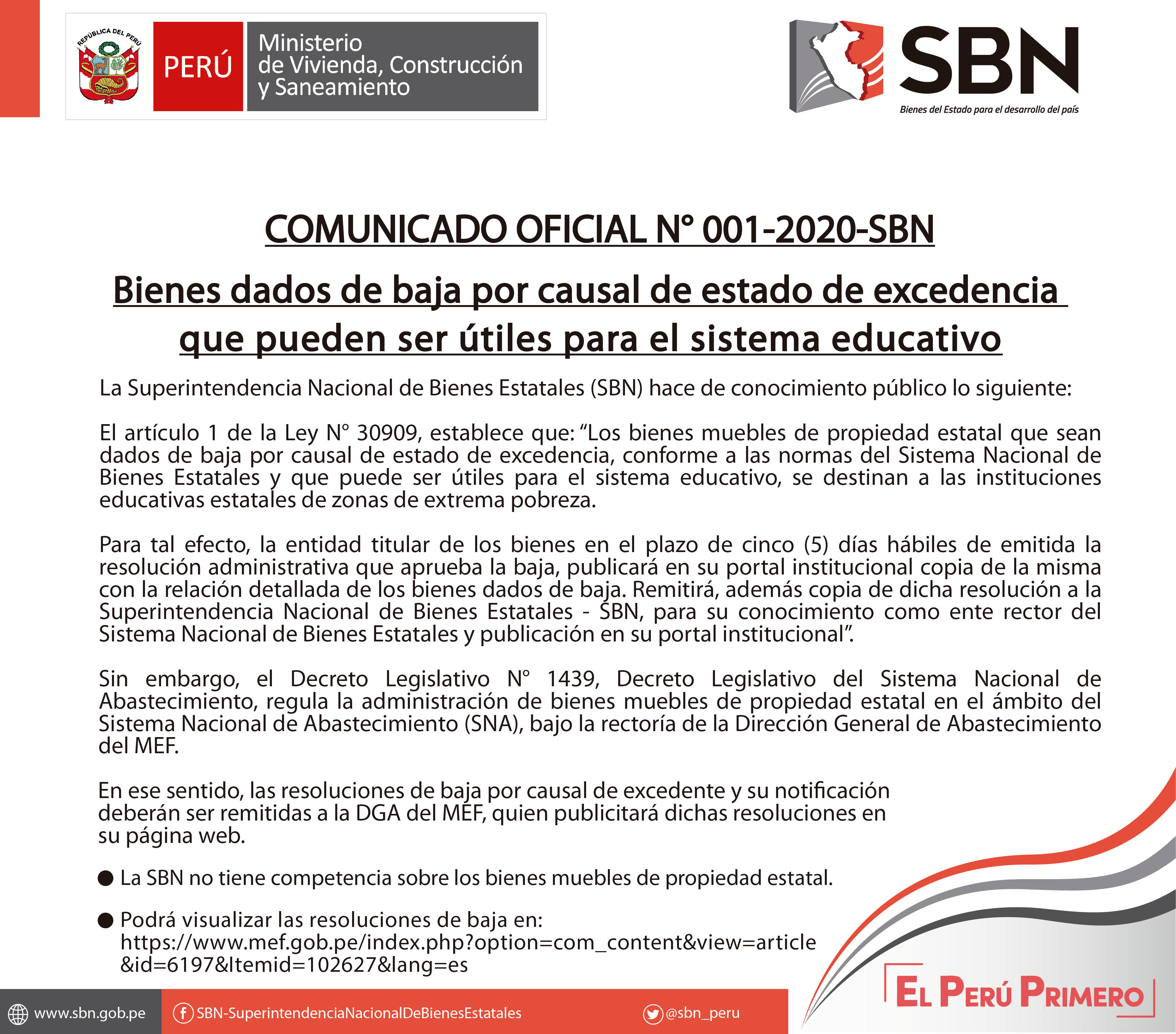 COMUNICADO OFICIAL N° 01-2020-SBN